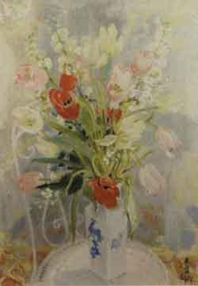 Tulips and snapdragons in blue and white Asian vase by Le Pho