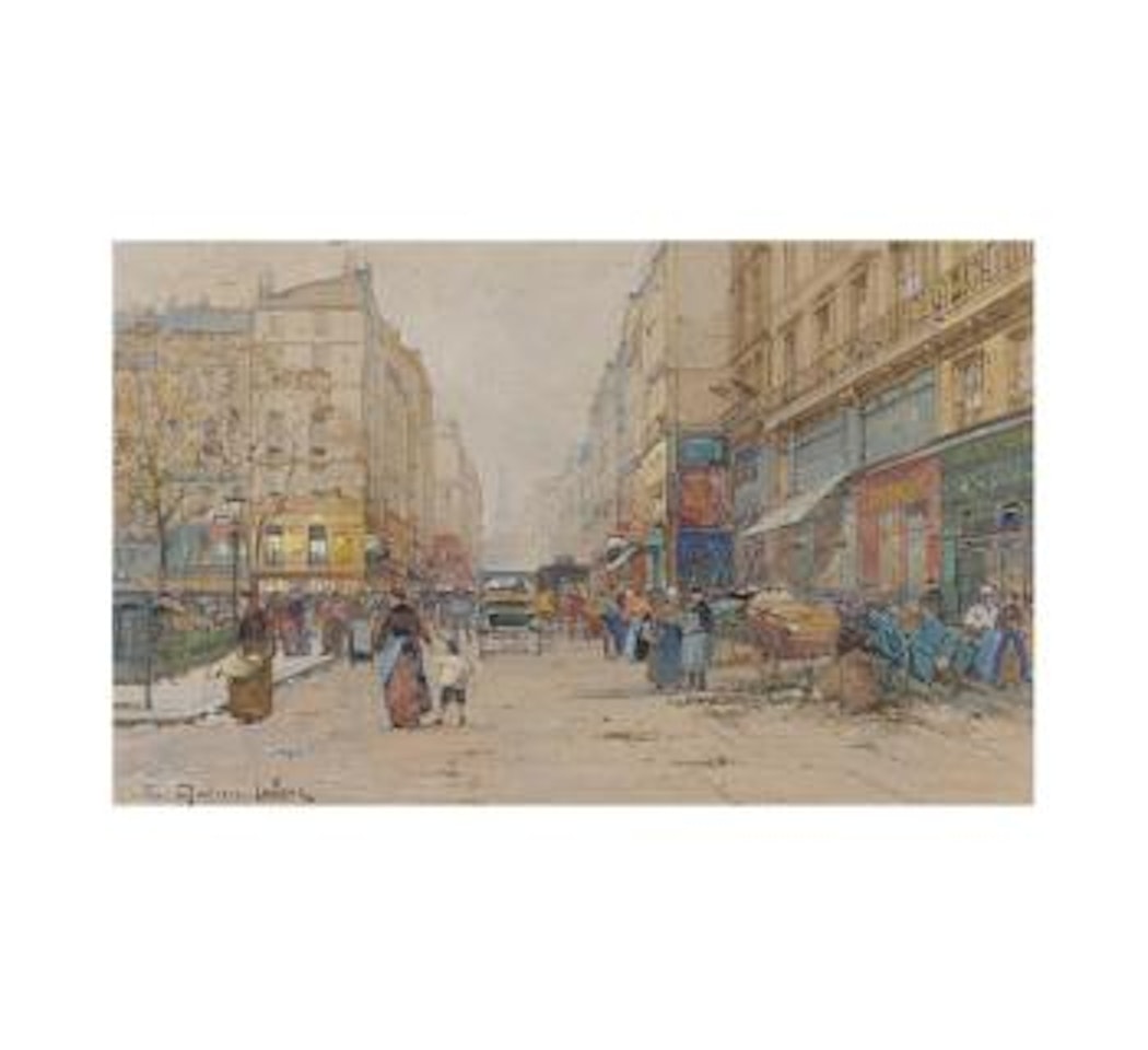 Market place with a blue wagon by Eugene Galien-Laloue