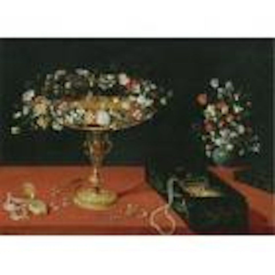 Still life with garland of flowers on a gold tazza on a draped table by Jan Brueghel the Younger