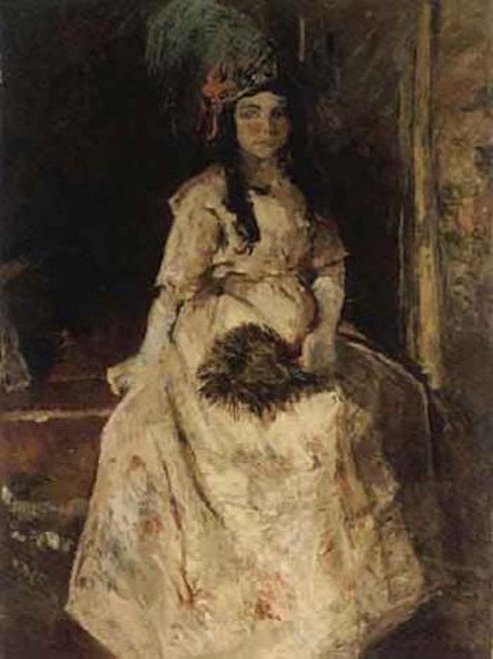 Portrait of a girl wearing evening dress and holding feathered fan by Dutch School