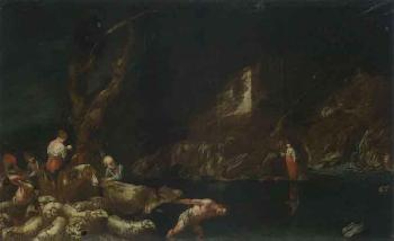 Shepherd crossing ford with flock by Januarius Johann Rasso Zick