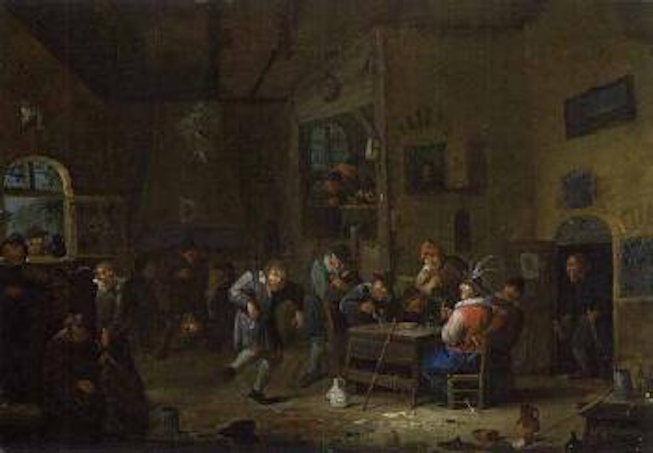 Drunken peasants with musicians in tavern by Egbert van Heemskerk III