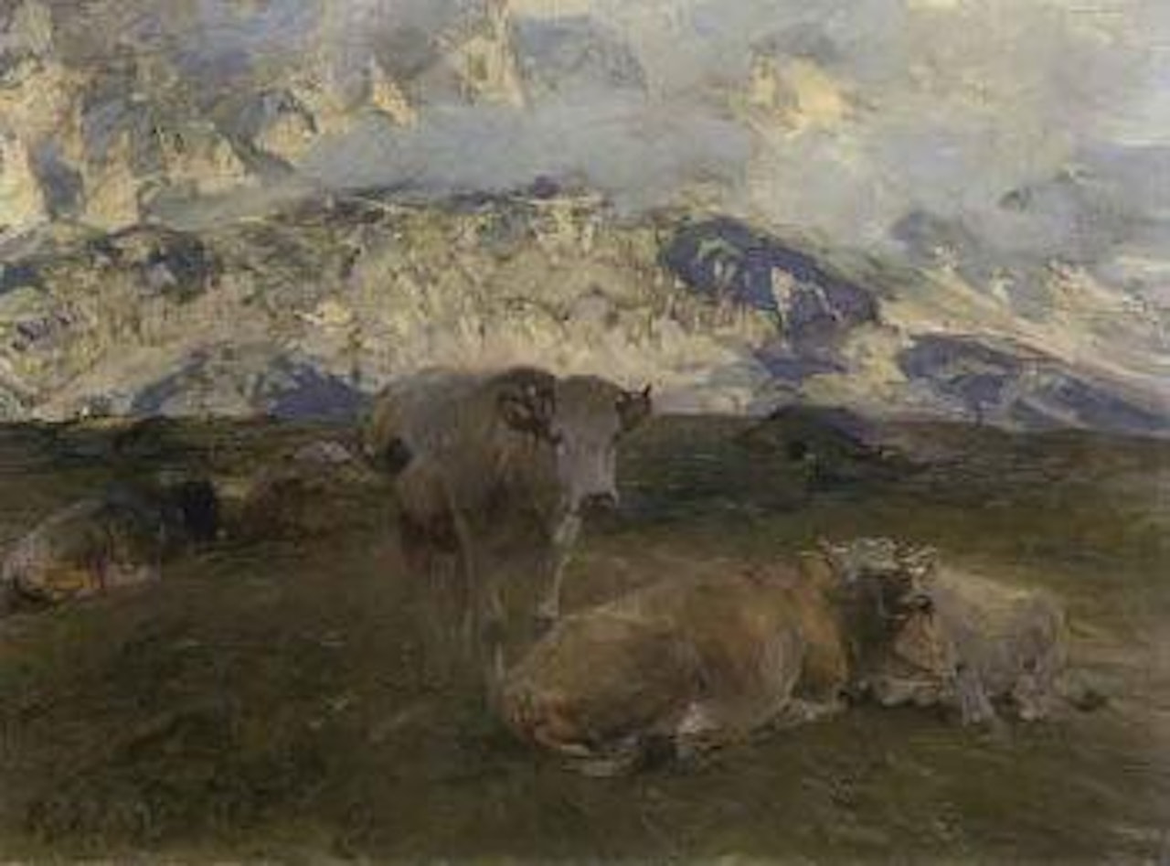Cows resting on high mountain pasture by Heinrich von Zugel