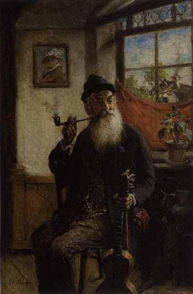 Old peasant with pipe and guitar by Hermann Kern