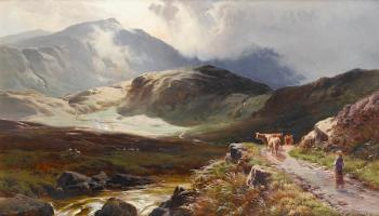 Highland scene with cattle and drover. Lake scene with cattle and drover by Sidney Richard Percy