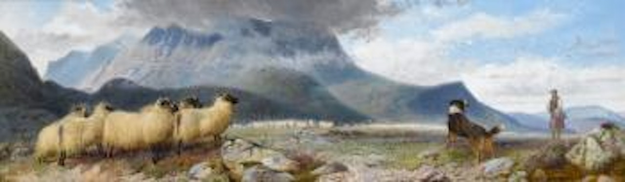 Sheep and shepherd in a highland landscape by Richard Ansdell