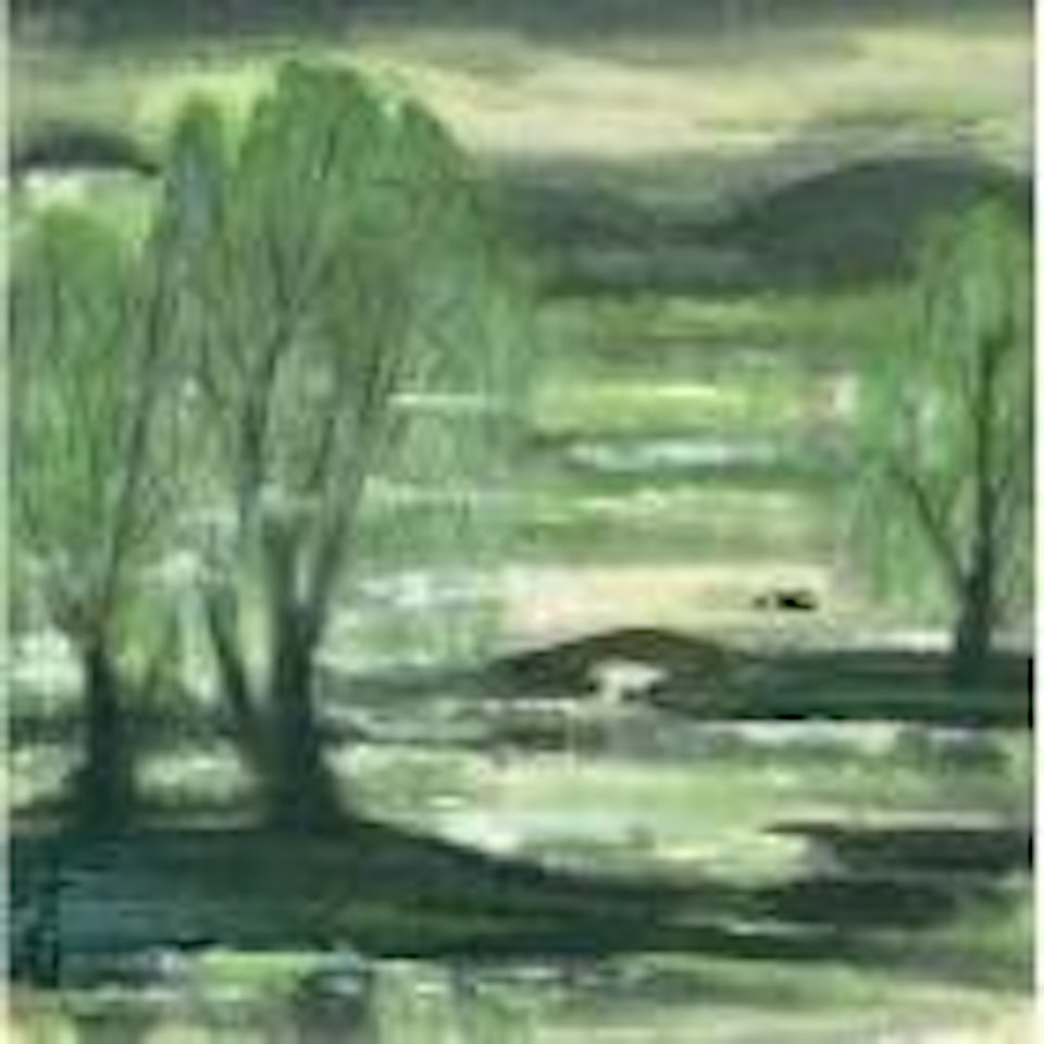 Wild geese flying over willow pond by Lin Fengmian