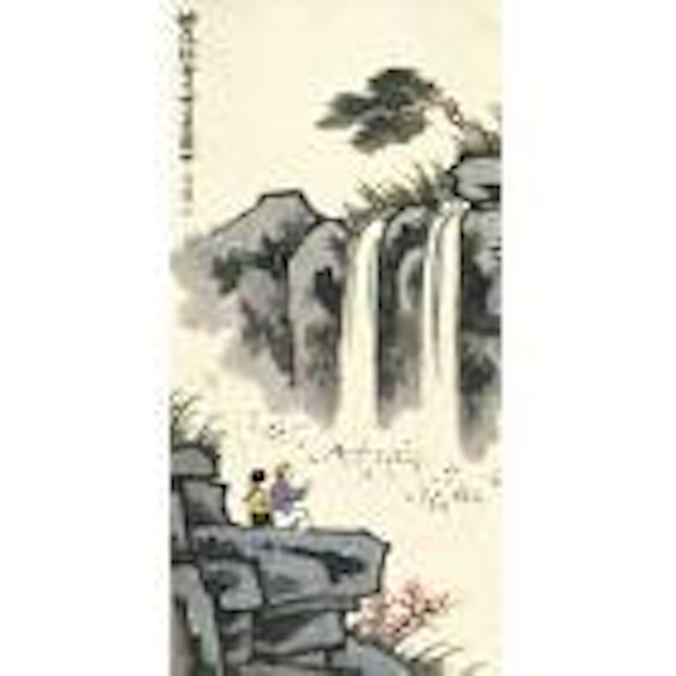 Viewing a waterfall by Feng Zikai