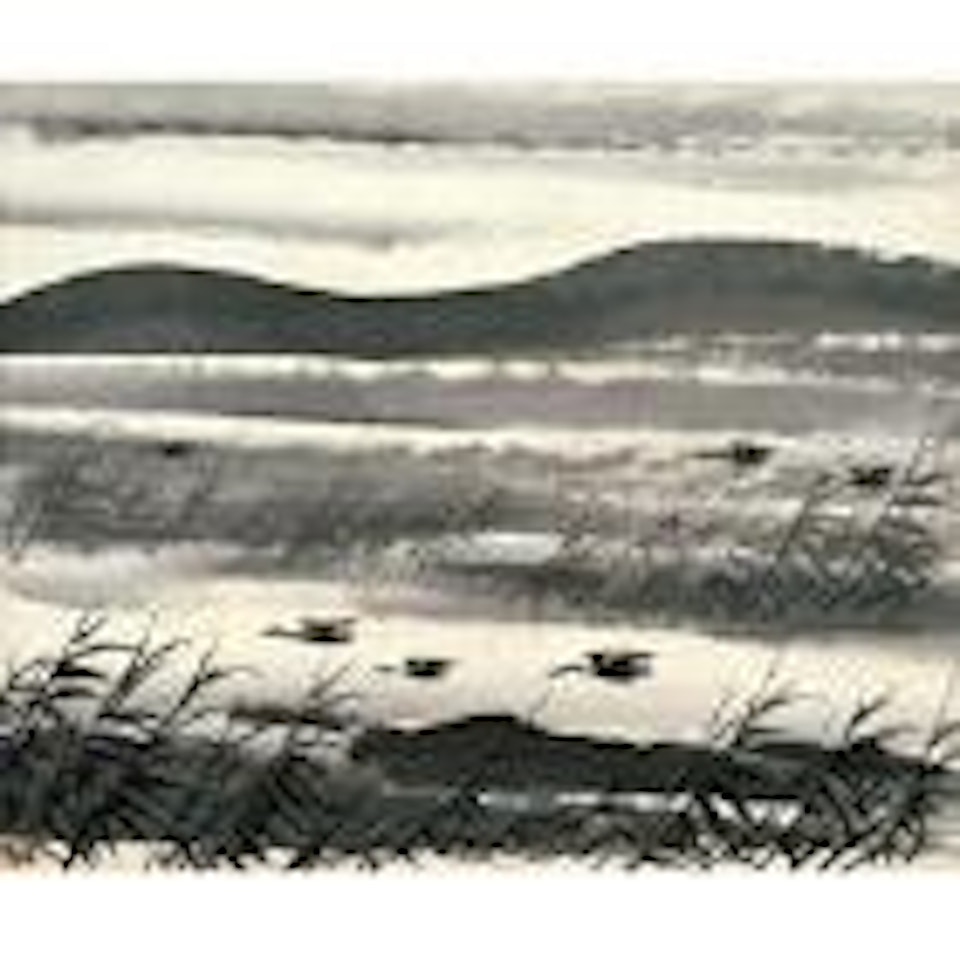 Wild geese over reedy pond by Lin Fengmian