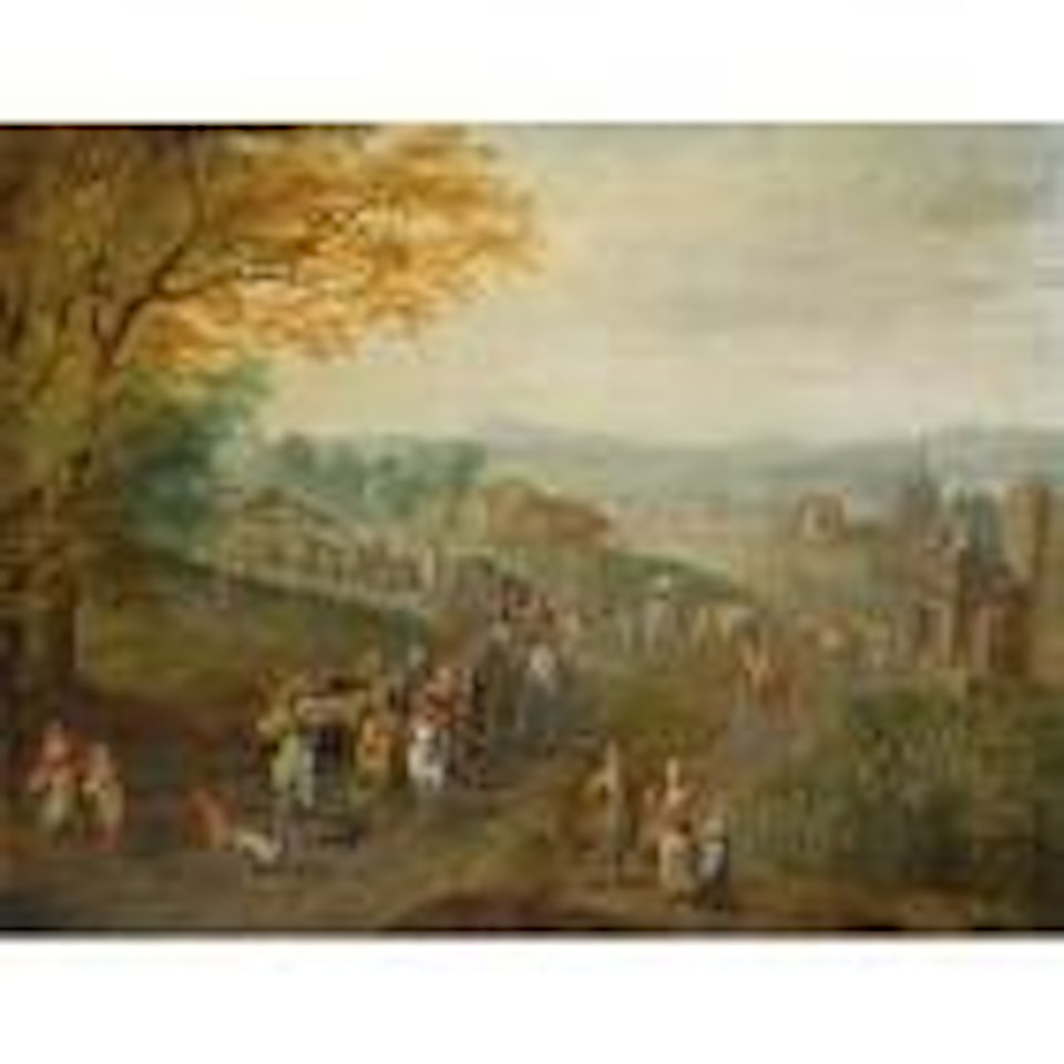 Landscape with travellers and wagons on path by Karel Beschey