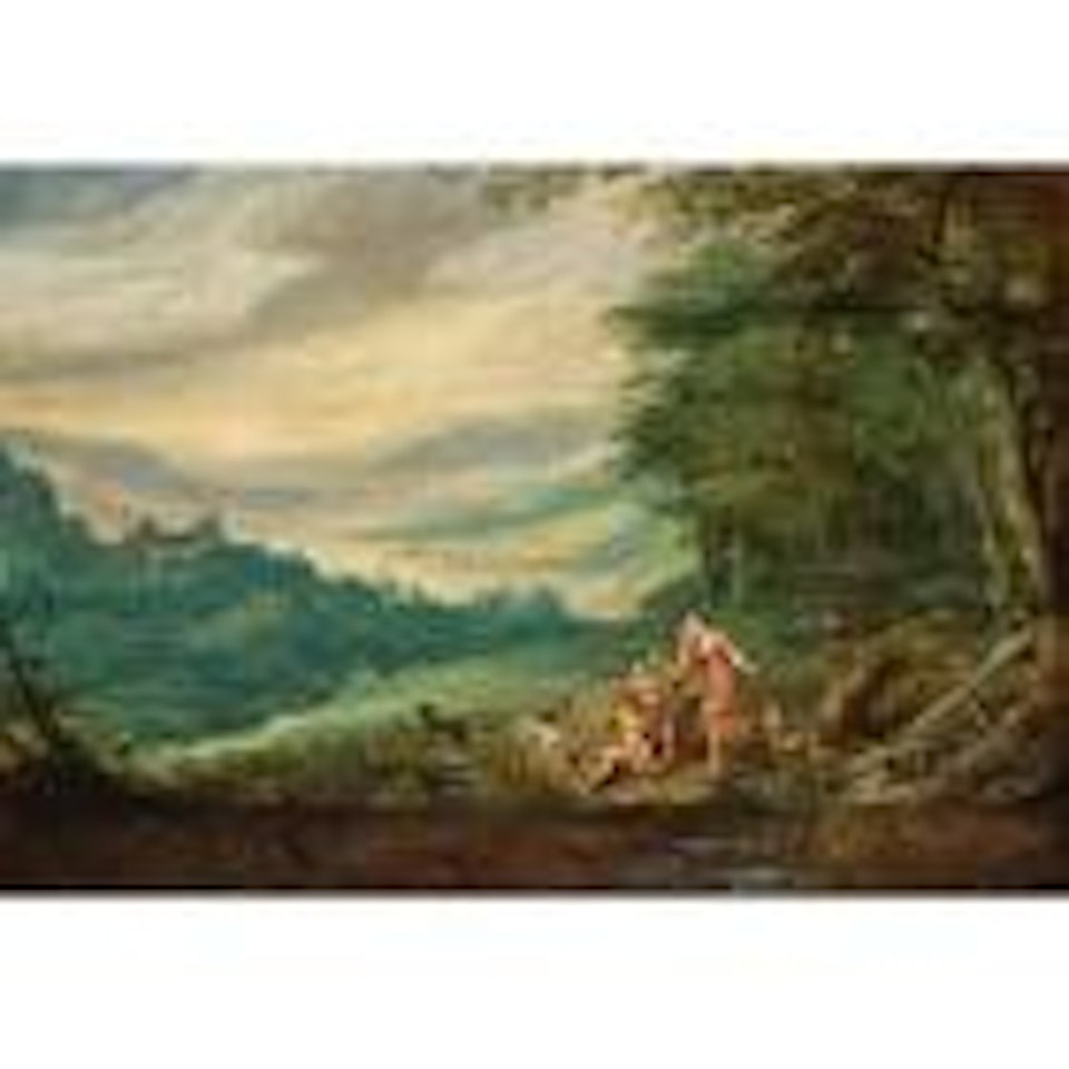 Venus mourning Adonis in panoramic wooded landscape by Joos de Momper the Younger