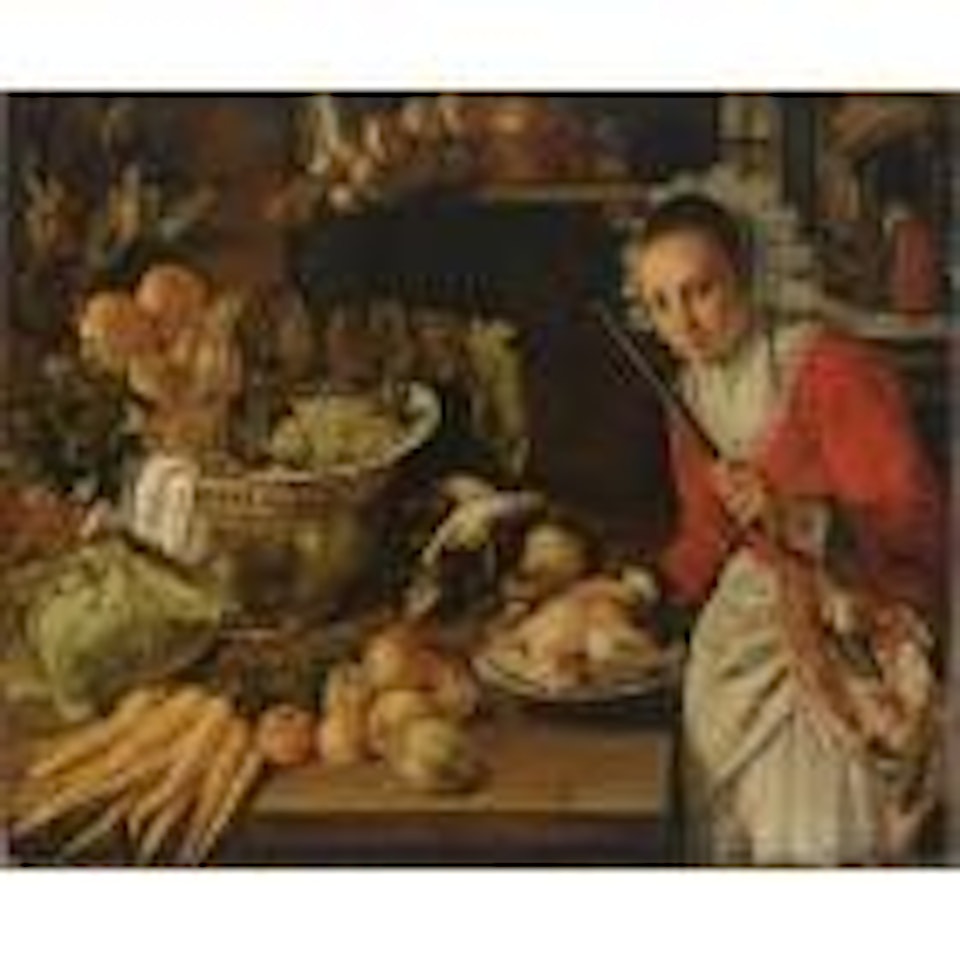 Elaborate kitchen still life with maid by Flemish School