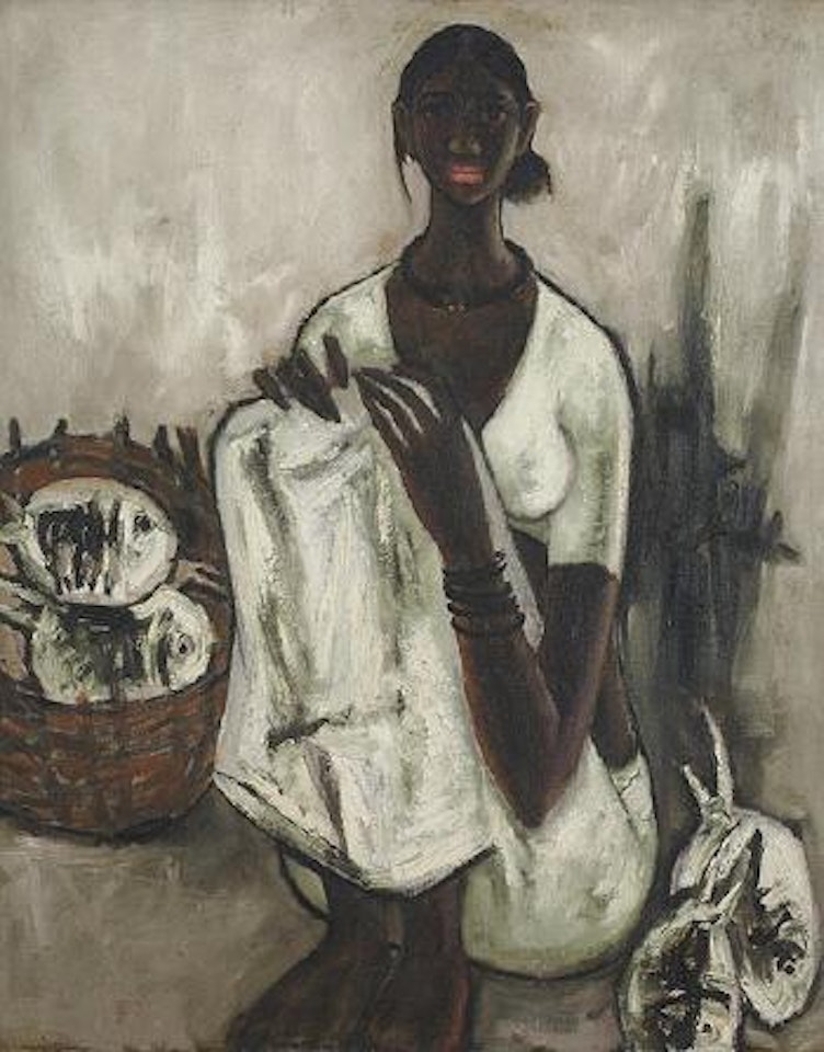Untitled, seated female by basket of fish by B Prabha