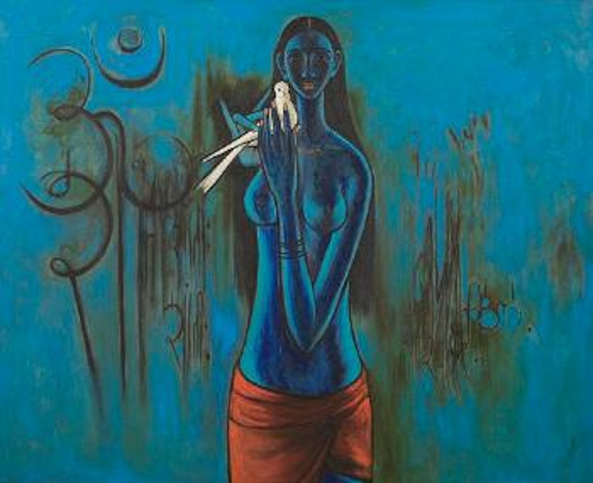 Untitled, topless woman holding a white bird by B Prabha