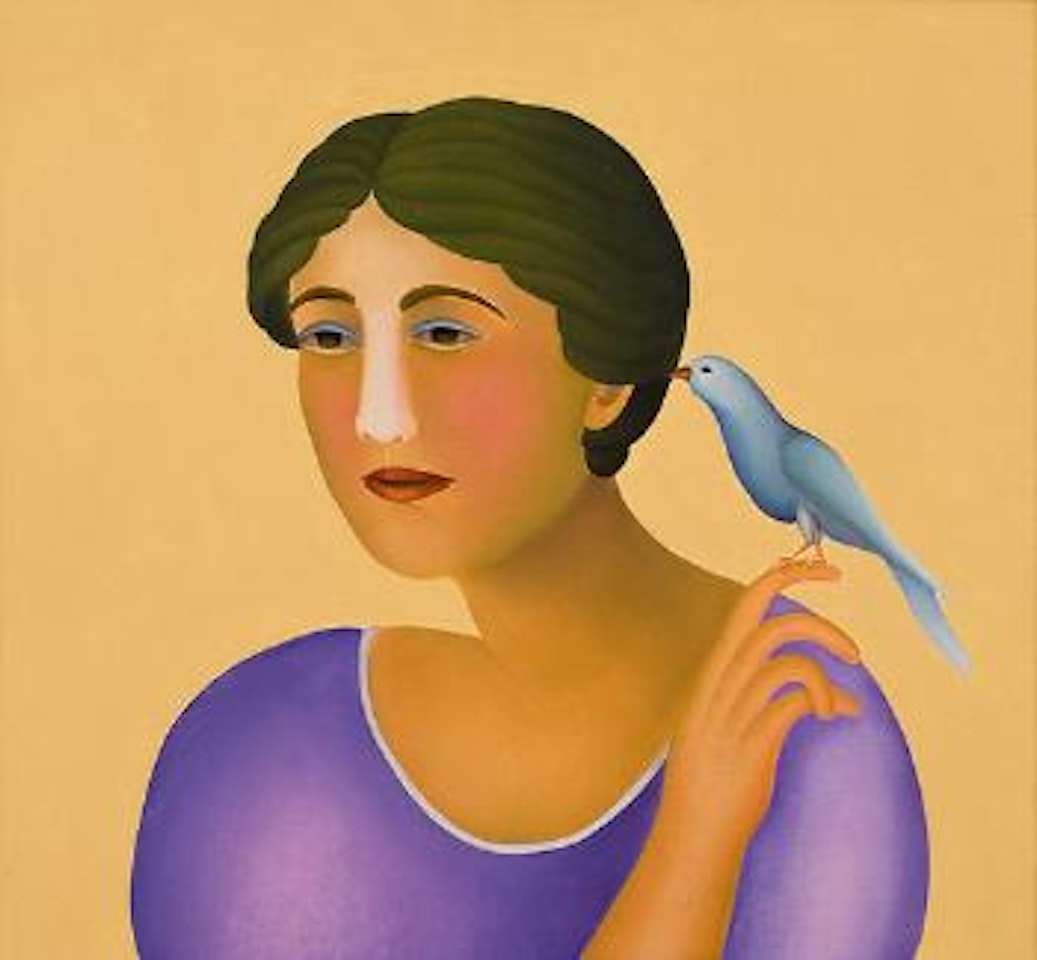 Untitled, lady with a bird on her finger by her shoulder by Manjit Bawa