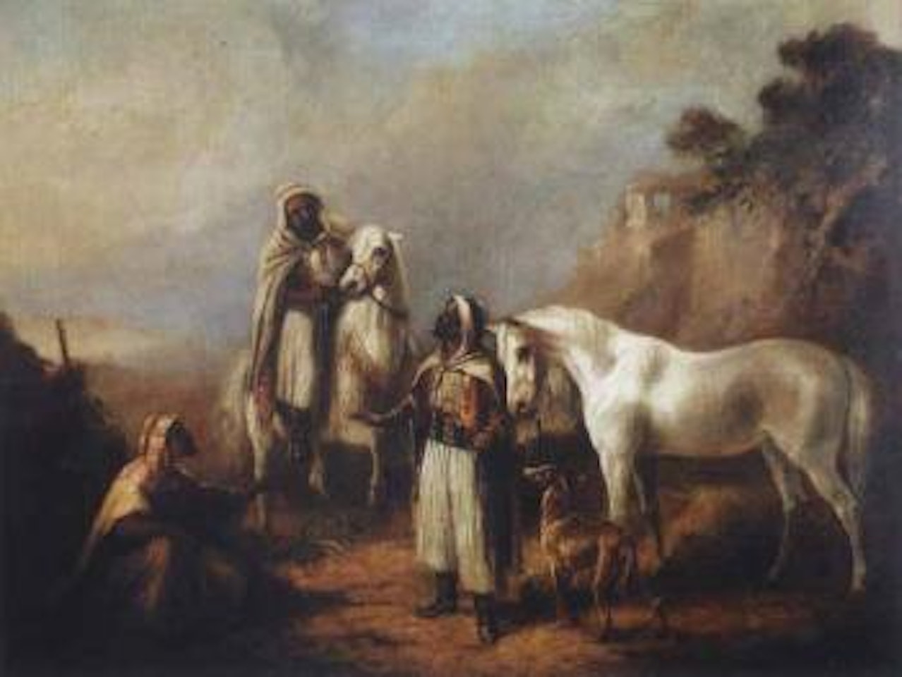 Arabs with Arab horses and a Saluki in the desert by Eugene Delacroix