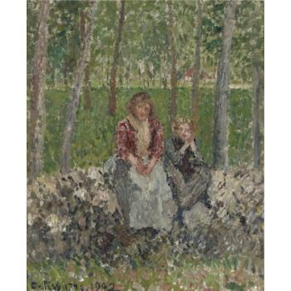 Paysannes sous les arbres a Moret by Camille Pissarro