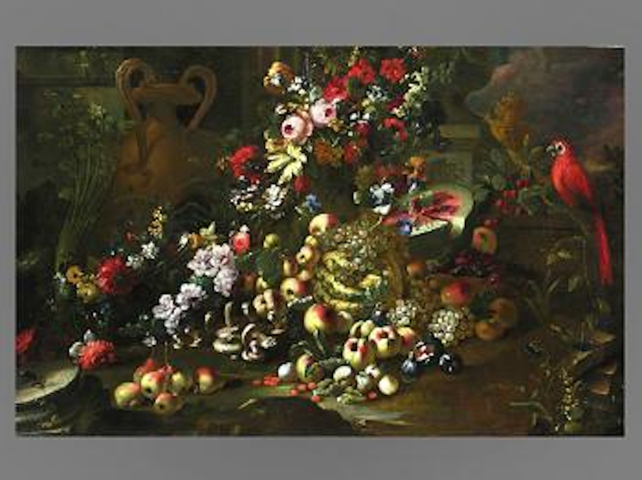 Fruit, mushrooms, floral still life with parrots and amphora by Abraham Brueghel