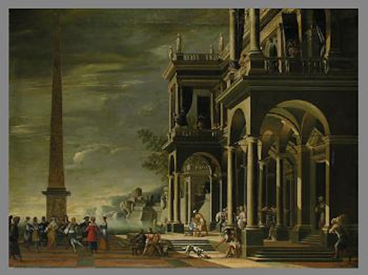 Italian capriccio with figures and celebration by Italian School