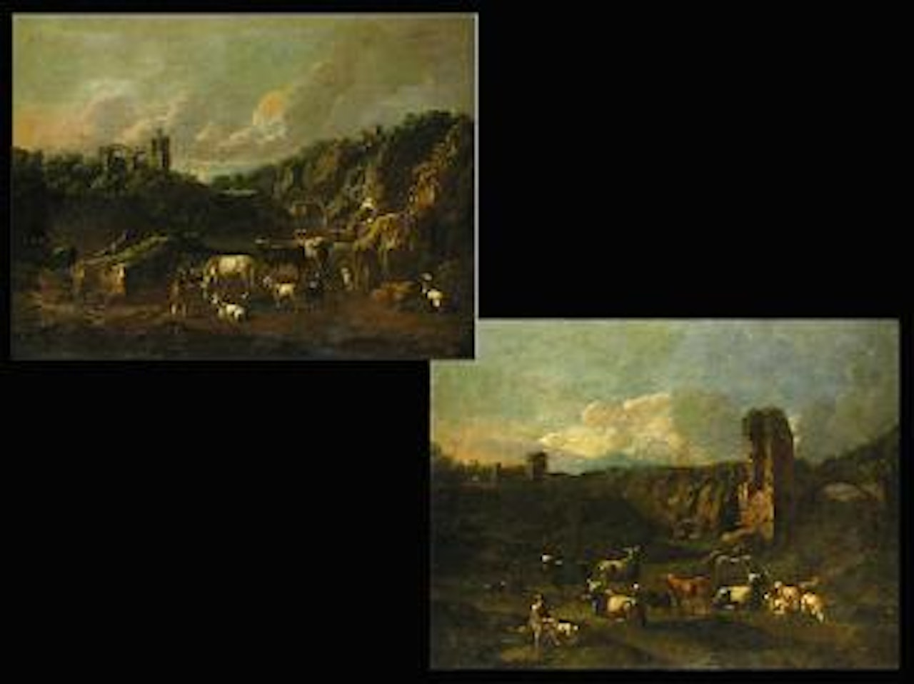 Herder and cattle at mountain lake. Herder and cattle at ruins. by Philipp Peter Roos