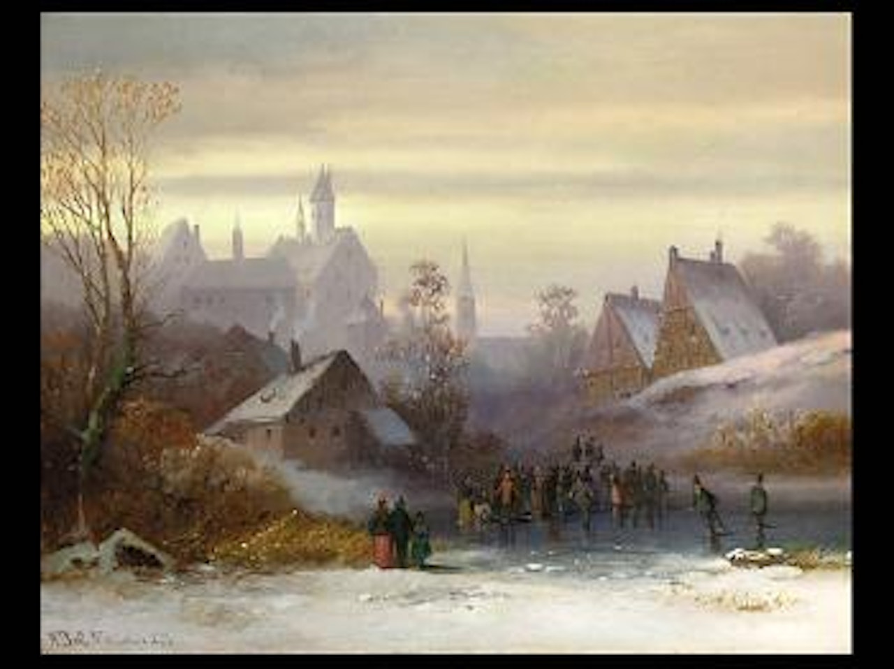 Activity on the ice in front of a town by Anton Doll