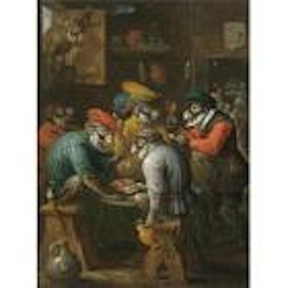 Singerie scene with monkeys drinking and smoking in a tavern interior by David Teniers II
