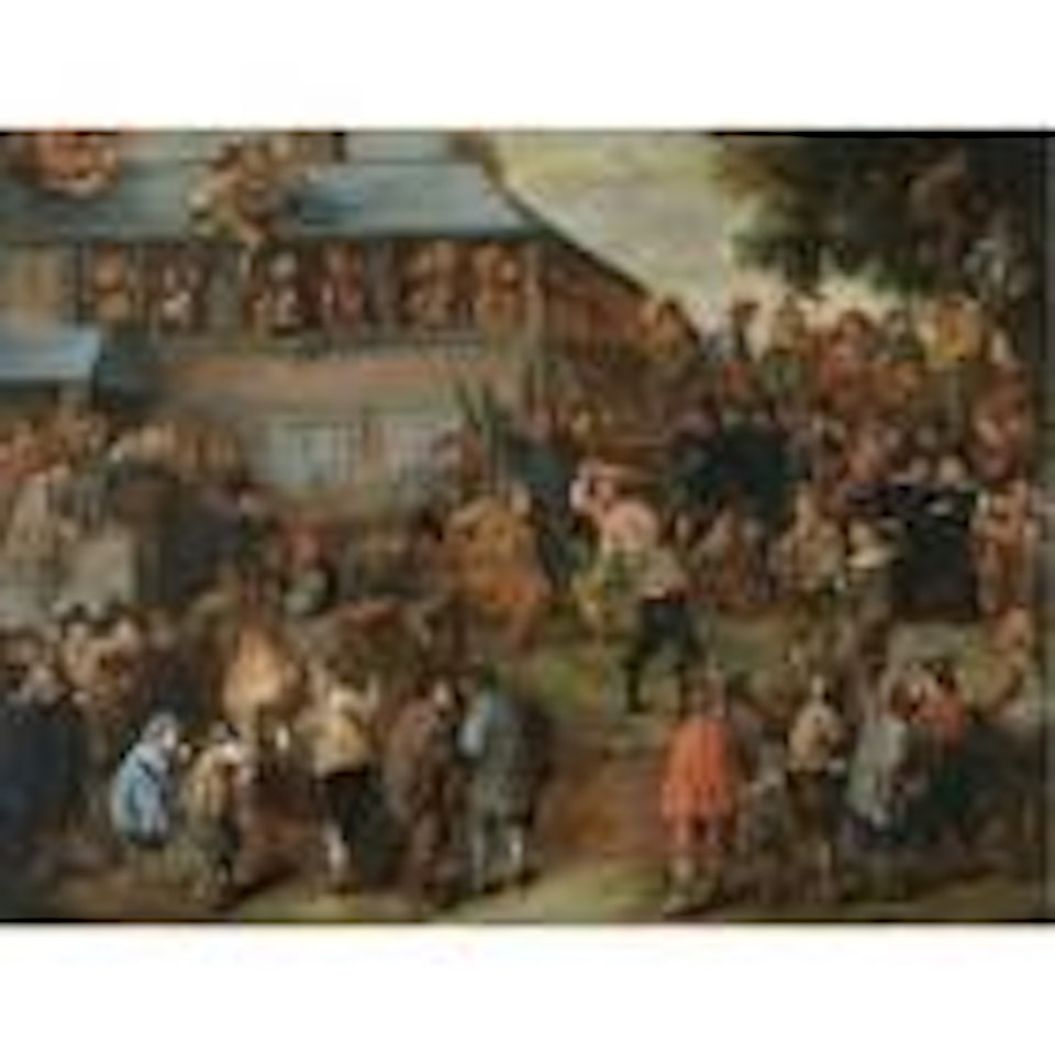 Crowded duelling scene before a house by Dutch School