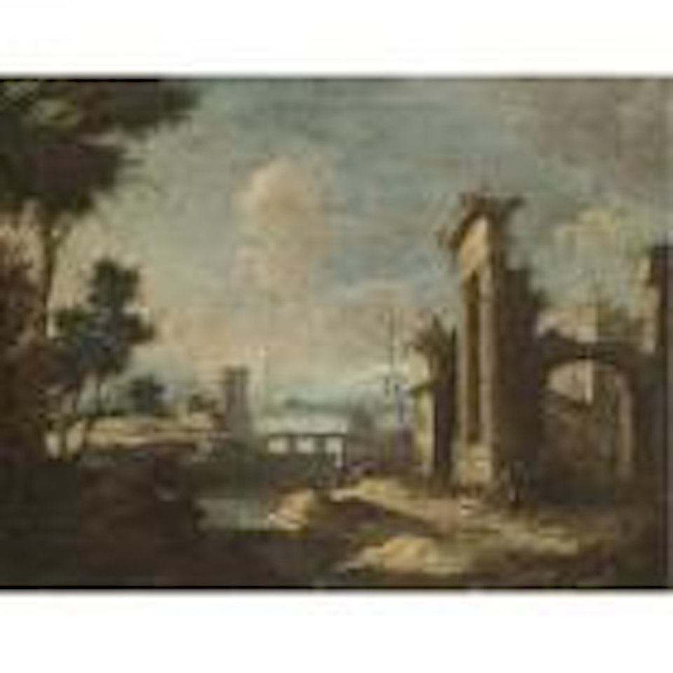 Italianate river landscape with pastoral figures amongst classical ruins by Antonio Stom