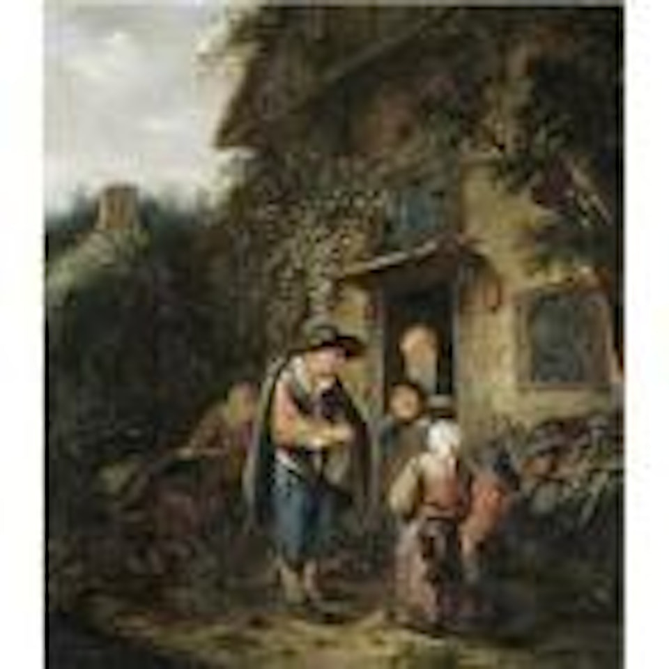 Exterior of a cottage with peasants conversing at a doorway by Adriaen van Ostade