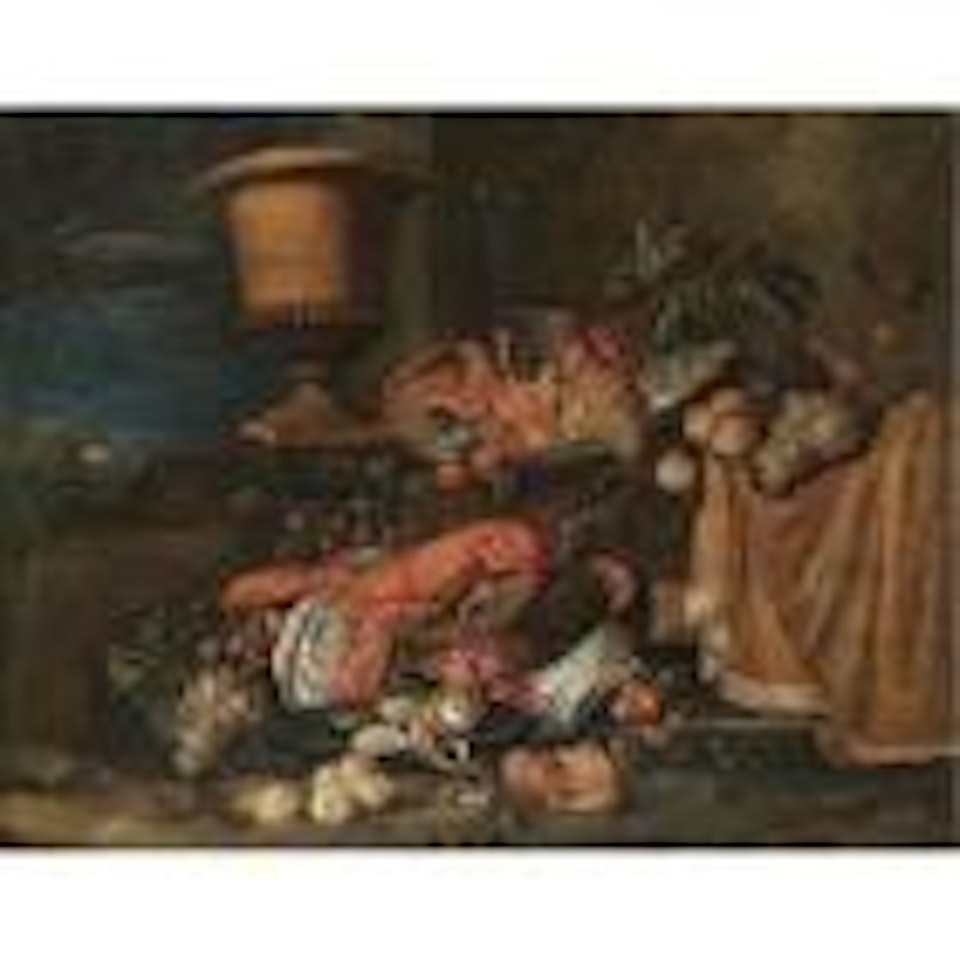 Still life with a lobster, fruit and flowers, urn and various bowls inL12 a landscape by Jan Pauwel Gillemans