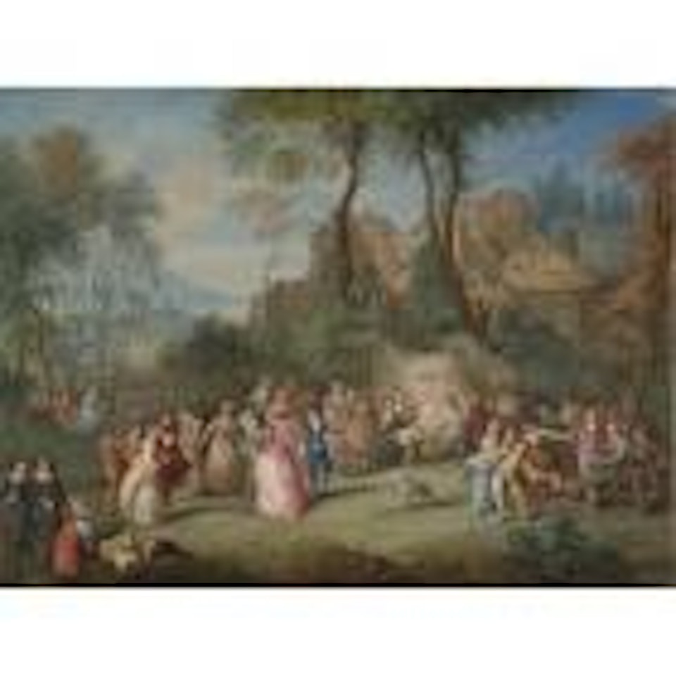 Fete galante in a landscape below a hilltop town by Jean-Antoine Watteau