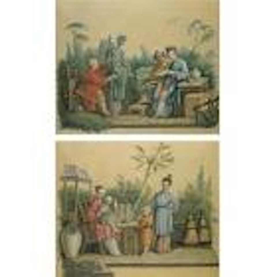 Chinoiserie scene with courting couples. Chinoiserie scene with motherL20s and their children by French School