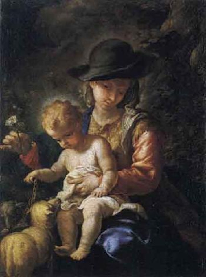 Madonna and Child with lambs in a landscape by French School