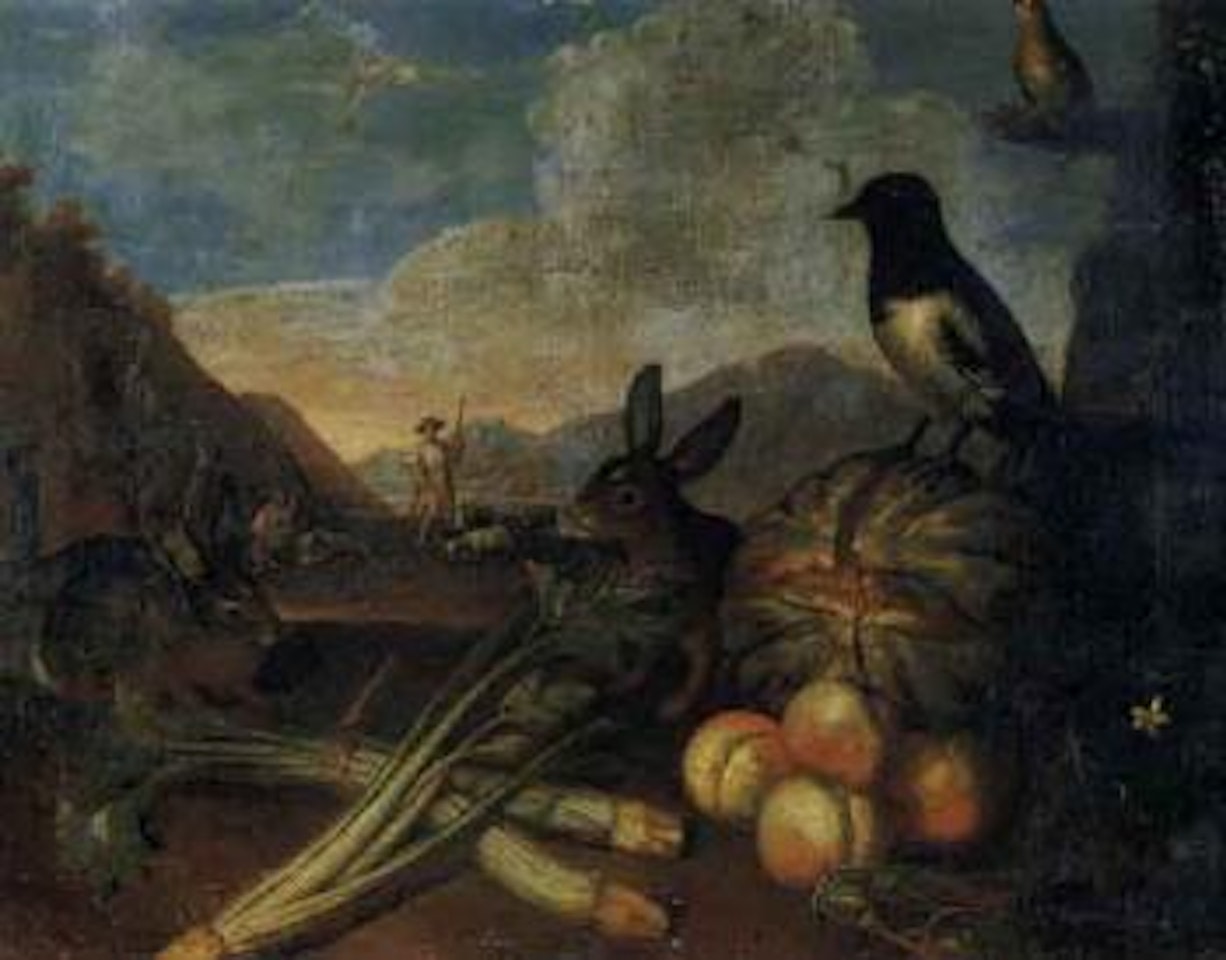 Still life with fruit and animals in a landscape by Bartolomeo Passarotti