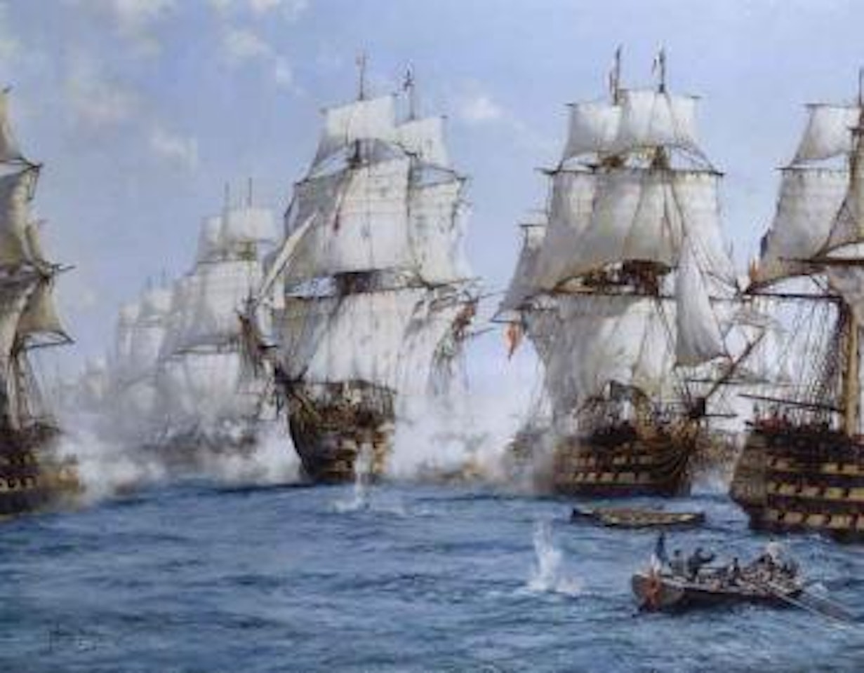Trafalgar, Victory at noon, H.M.S Victory breaking the enemy line and L26raking the French flagship by Montague Dawson
