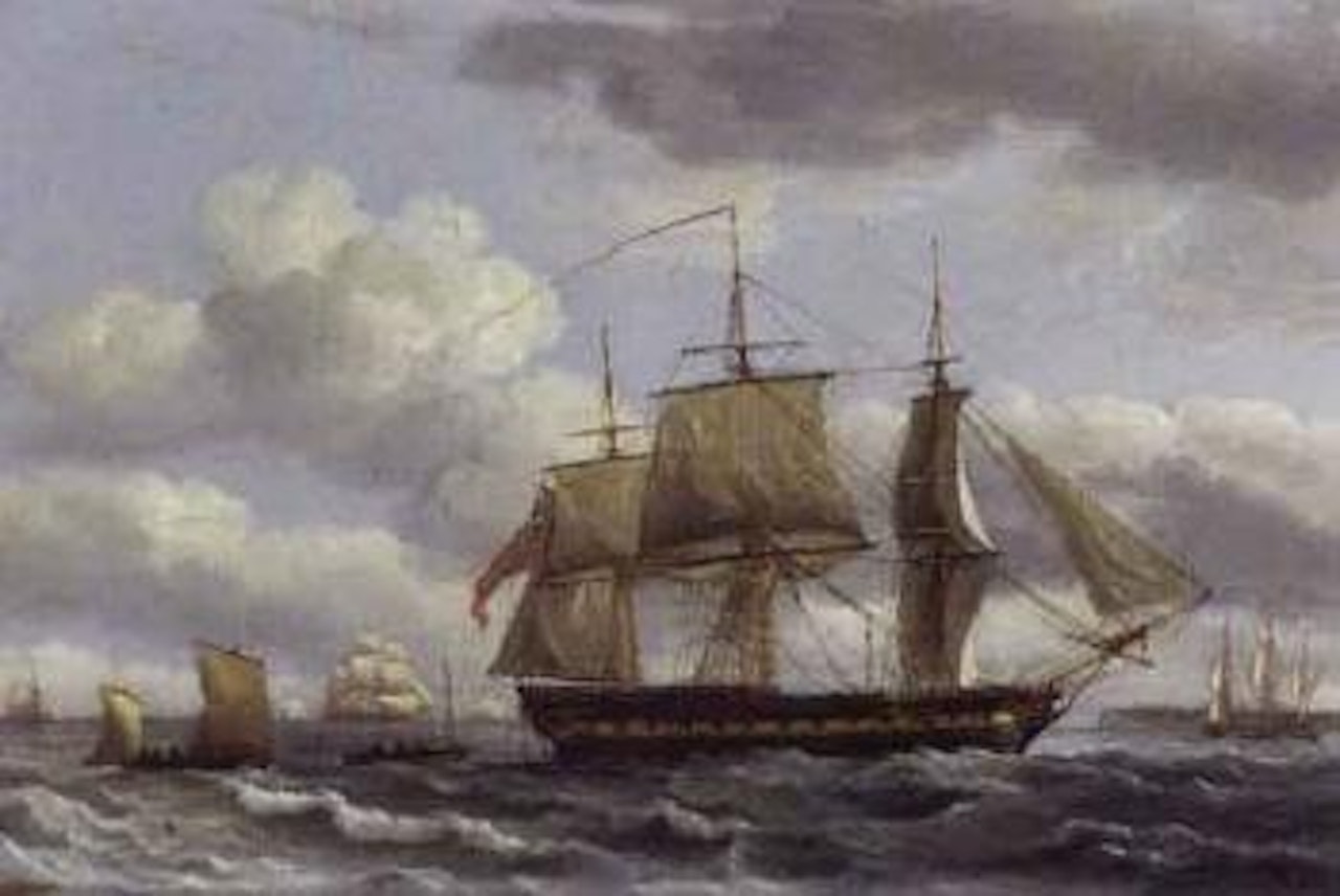 British frigate backing her sails as she leaves to approaching Torbay by Thomas Luny