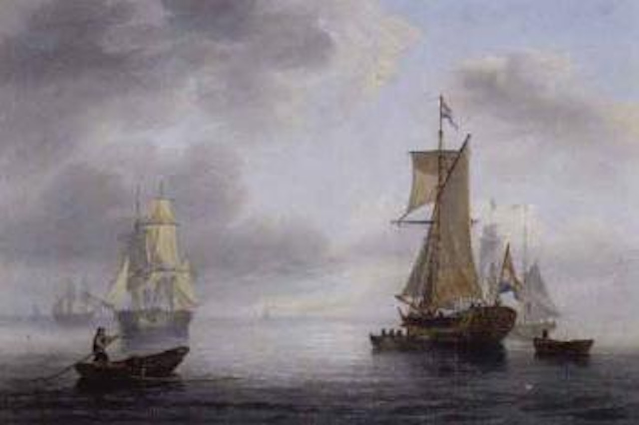 Dutch admiralty yacht disembarking her passengers offshore with other L14vessels beyond by John Wilson Carmichael