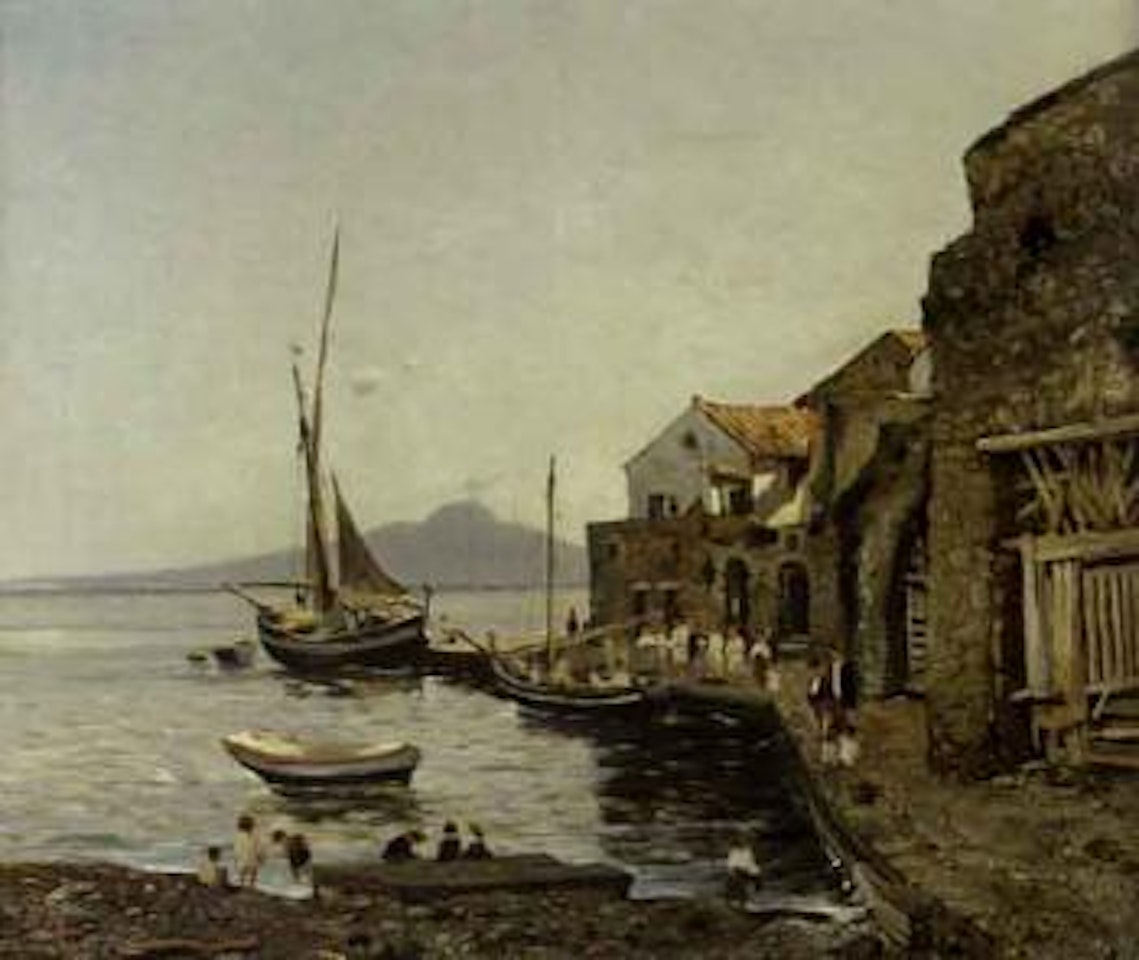 Seascape with harbour view by Henri Harpignies