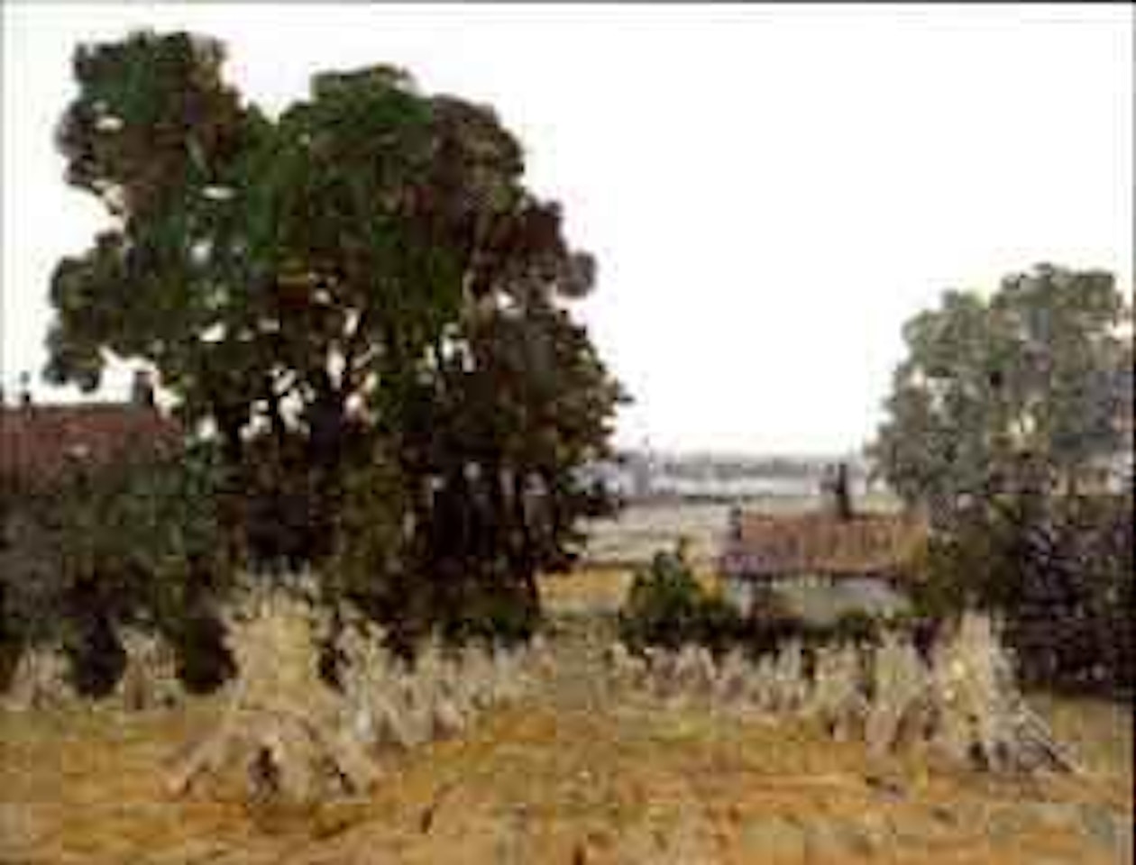 Burgh Castle, stooked corn, buildings and windmill by Campbell Mellon