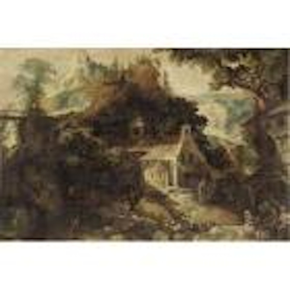 Mountainous river landscape with chapel, tavern and fishermen by Frederick van Valkenborch