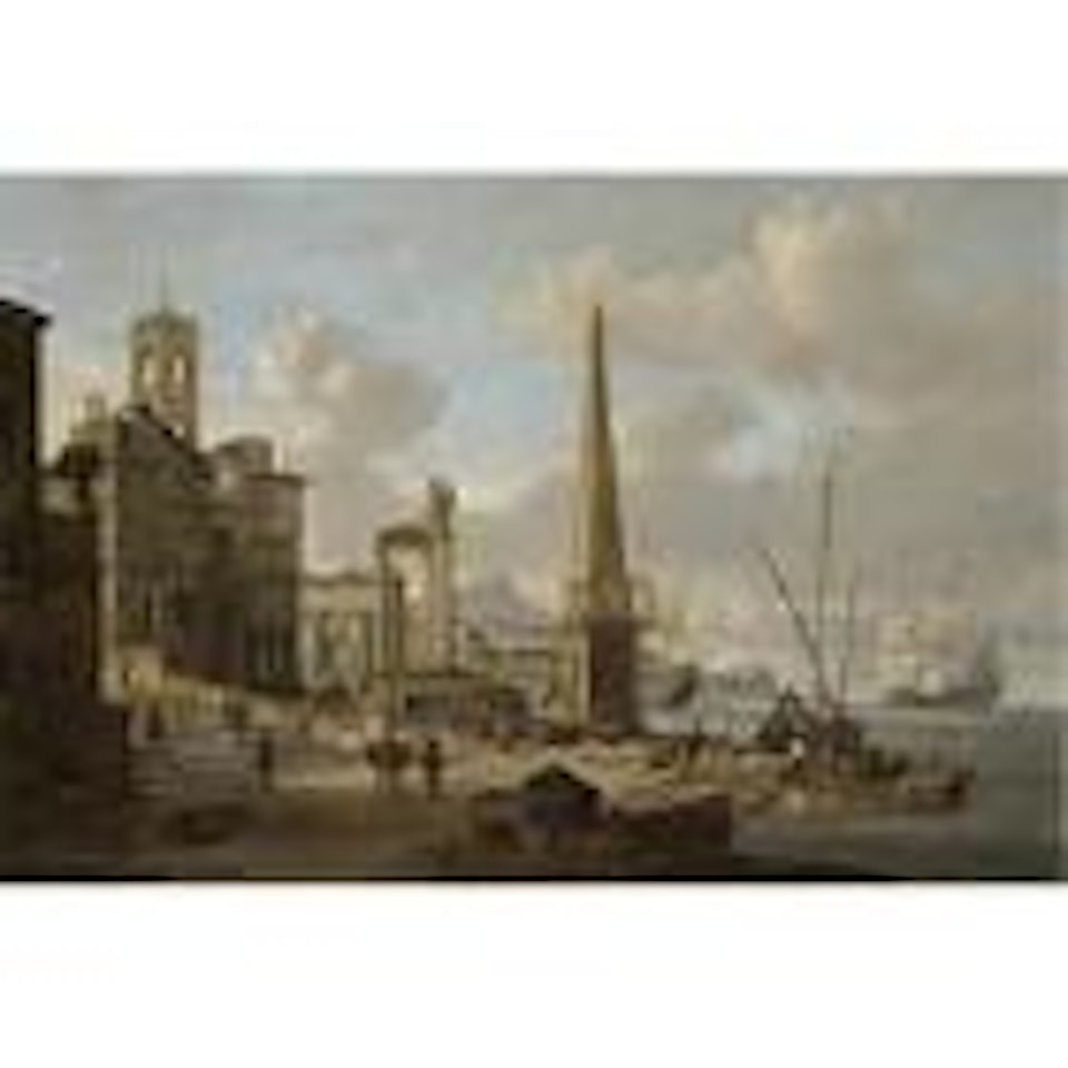 Capriccio of a Mediterranean harbour with Roman ruins and figures by Abraham Storck