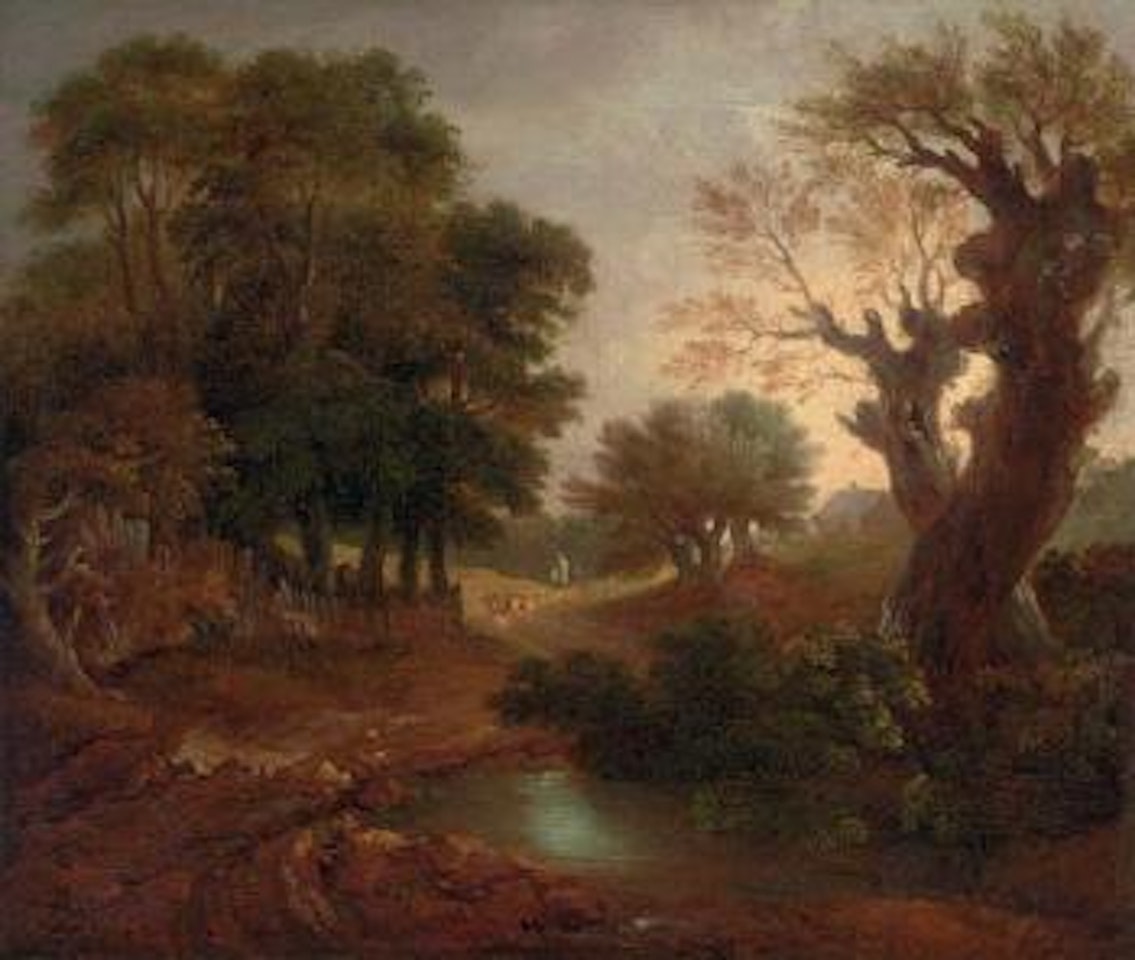 Wooded landscape with a pond and a figure on a path by Thomas Gainsborough