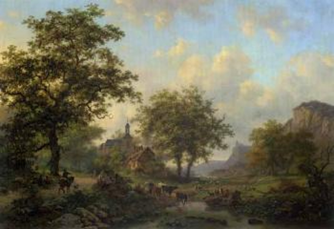 Summer landscape with cattle and village church by Fredrik Marinus Kruseman
