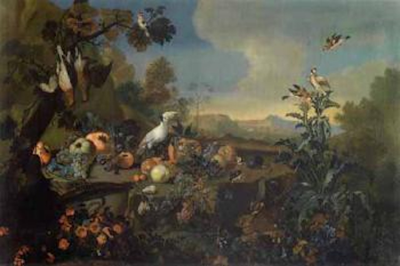 Woodland still life with birds, fruit and reptiles by German School