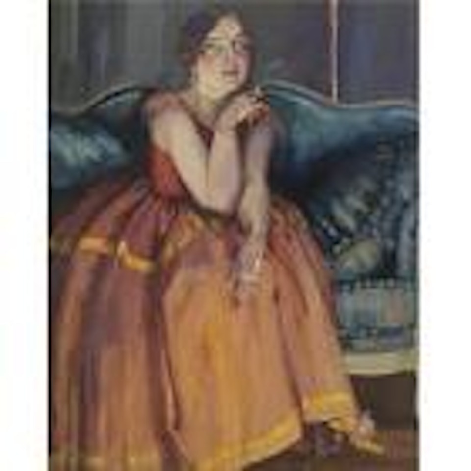 Woman smoking a cigarette on a sofa by Konstantin Somov