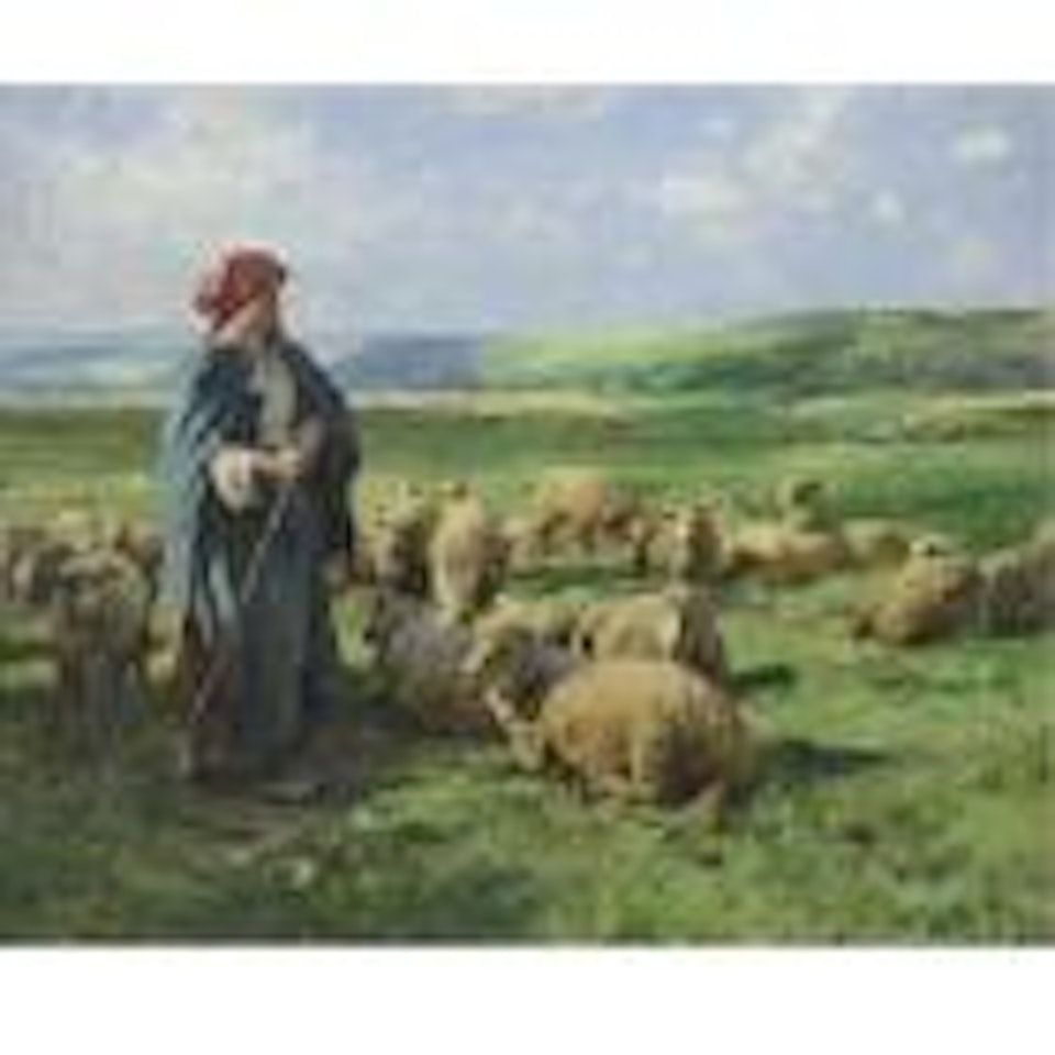 Young shepherdess watching over her flock by Julien Dupré
