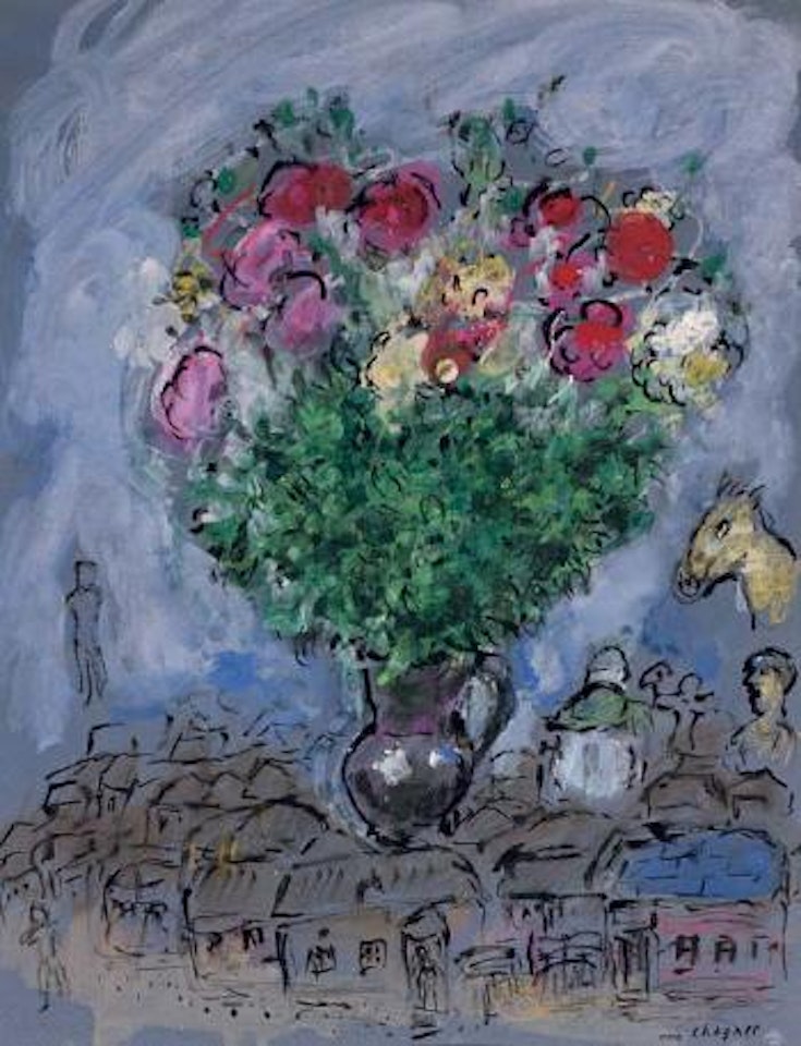 Bouquet de fleurs au-dessus du village by Marc Chagall