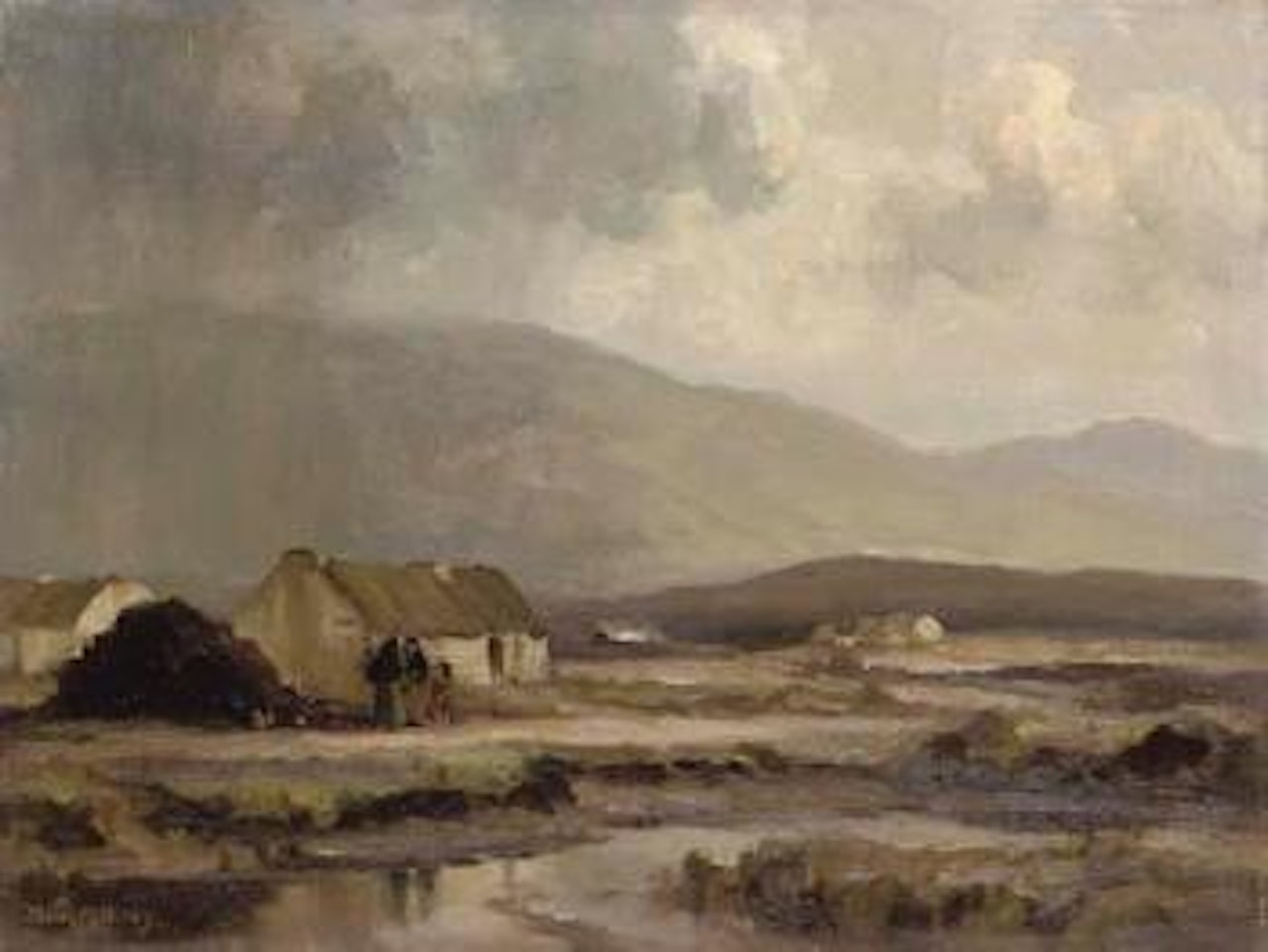 Figures by a thatched cottage by Frank Mckelvey