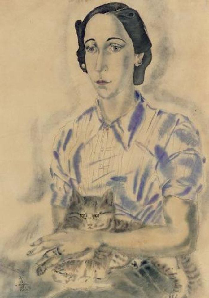 Portrait de femme assise avec chat by Leonard Tsuguharu Foujita