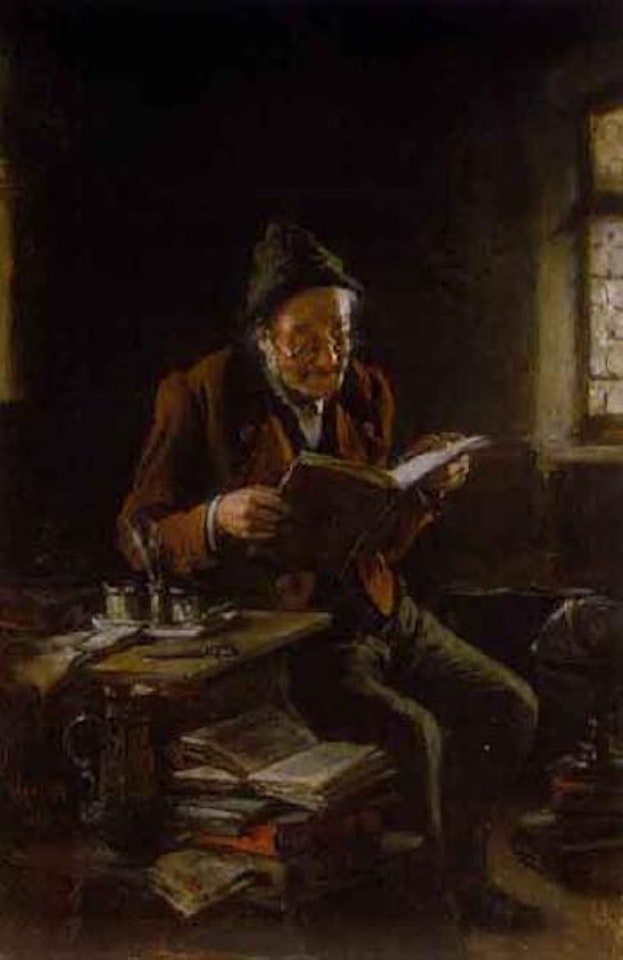 Interior with old man sitting and reading by Hermann Kern